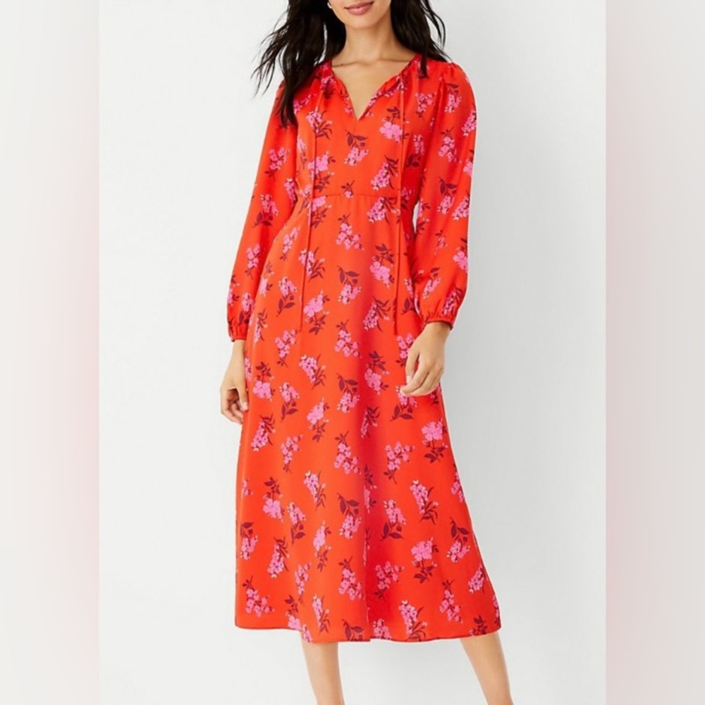 Ann Taylor Floral Tie Neck Midi Dress size 4